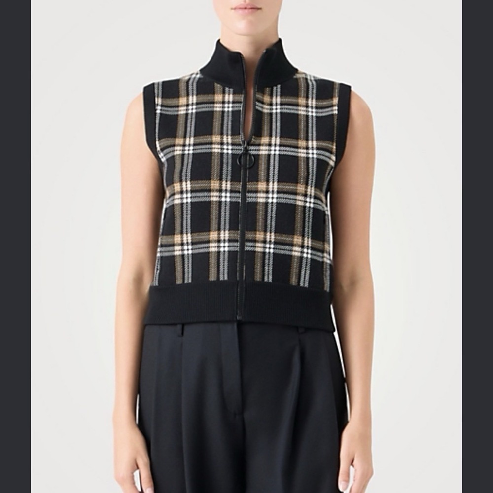 Akris Punto Plaid Jacquard Full Zip Sweater Vest Wool Womens Size 14 Black Beige